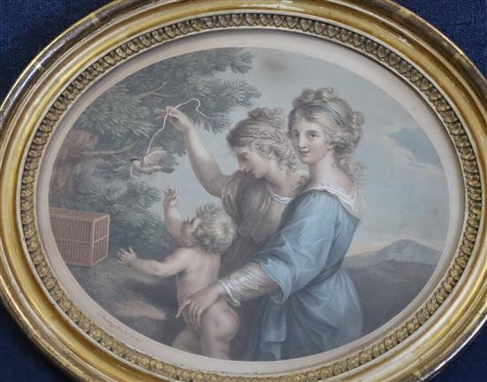A set of four coloured engravings depicting classical and historical scenes, and a pair of stipple engravings of lovers